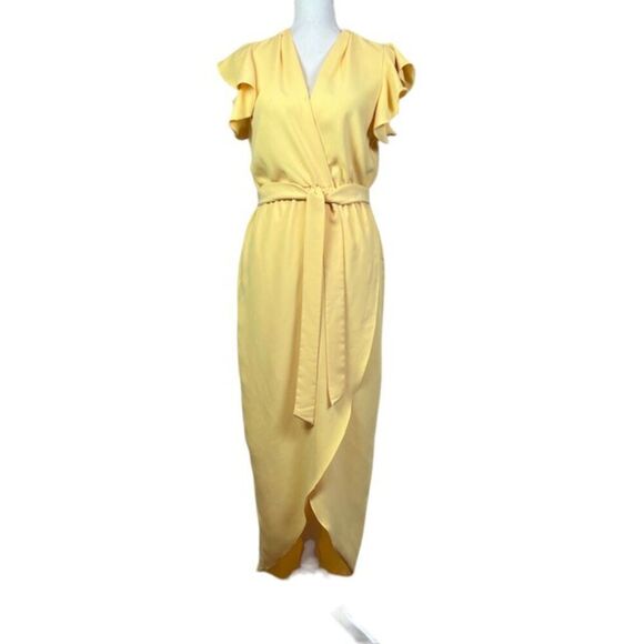 Amanda Uprichard Martinique Dress Yellow Crepe Wrap Look Flutter Sleeve Size S - Picture 3 of 14